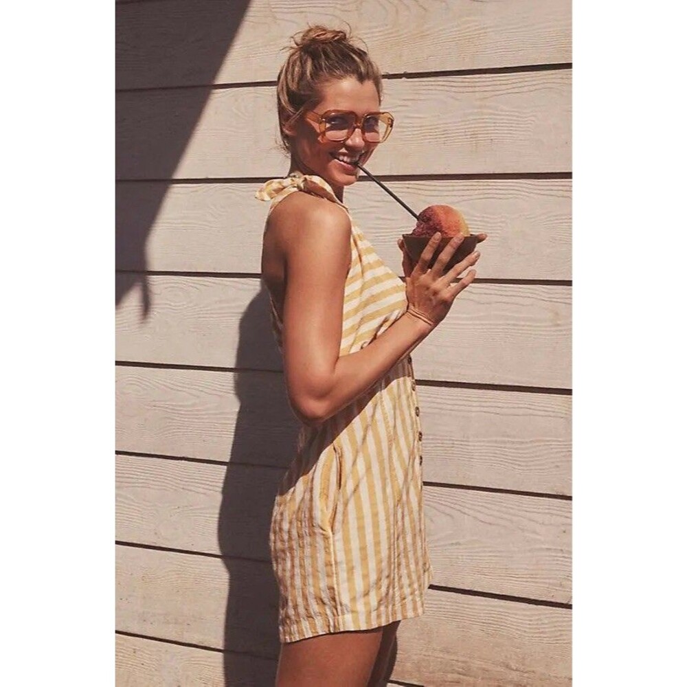 Anthropologie CELANDINE New Striped Halter Romper LARGE Yellow White CottonBlend